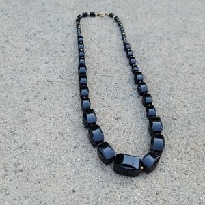 Vtg Lucite Resin Black Chunky Gold Tone Accent Necklace